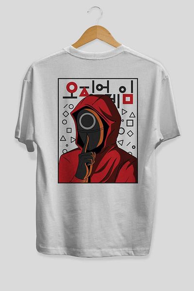 Ankhises Squid Game 5 - Tricou alb oversize din bumbac cu decolteu rotund, imprimat pe spate, bărbați și femei