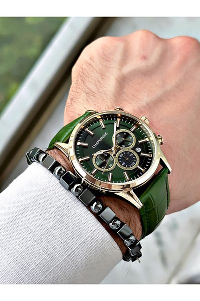 Chaperone Men's Green Leather Corded Function Wrist Watch and Gift Bracelet - REWARD