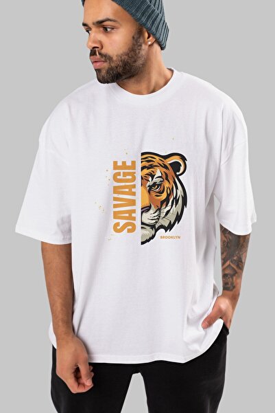 Ankhises Tricou alb oversize cu imprimeu în față cu litere Savage Brooklyn Bă...