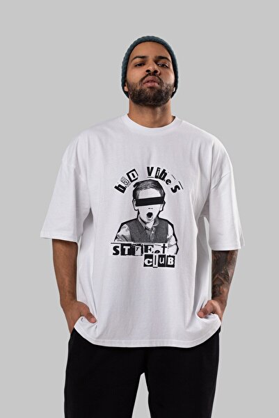 Ankhises Bad Vibes Street Club Front Štampano Bela Oversize kroj T-shirt Unis...