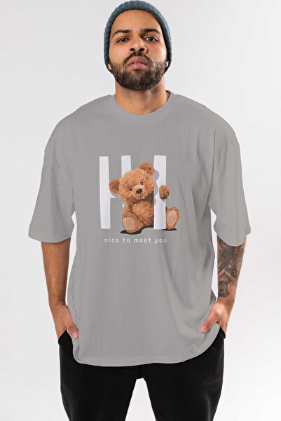 Ankhises Teddy Bear Hi Nice To Front Printed Grey Oversize T-shirt Unisex Men...