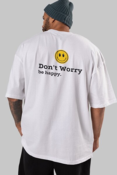 Ankhises Don't Worry Be Happy Tricou alb oversize cu imprimeu pe spate Bărbați, femei, cu guler rotund
