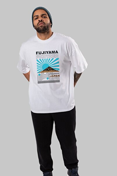 Ankhises Fujiyama Japan Front Štampano Bela Oversize kroj T-shirt Unisex Mušk...