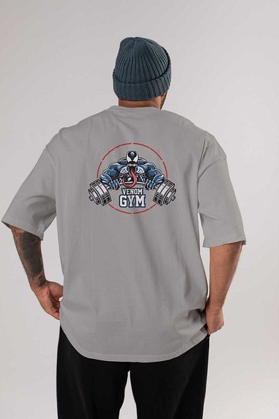 Ankhises Venom GYM - Γκρι υπερμεγέθη βαμβακερό μπλουζάκι, λαιμόκοψη, ανδρικό γυναικείο