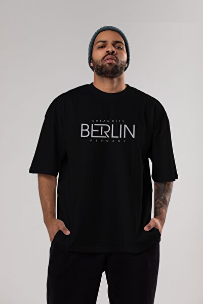 Ankhises Tricou oversize negru cu litere Berlin, cu imprimeu în față, unisex, pentru bărbați, pentru femei, cu decolteu