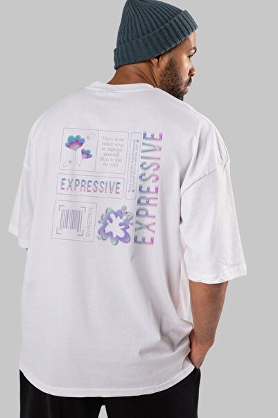 Ankhises تي شيرت أبيض كبير الحجم مطبوع من الخلف للرجال والنساء برقبة دائرية