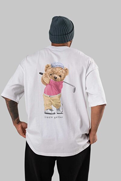 Ankhises Teddy Bear Little Golfer Imprimat pe spate Tricou alb pentru bărbați...