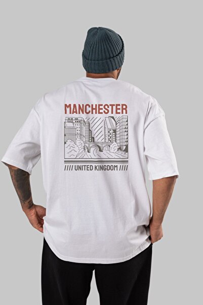 Ankhises Tricou alb oversize cu imprimeu pe spate Manchester, unisex, bărbați, femei, cu guler rotund