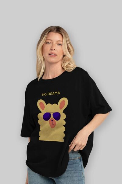 Ankhises No Drama Written Llama Imprimat în față Tricou supradimensionat negru Unisex Bărbați Femei Gâtul turnat