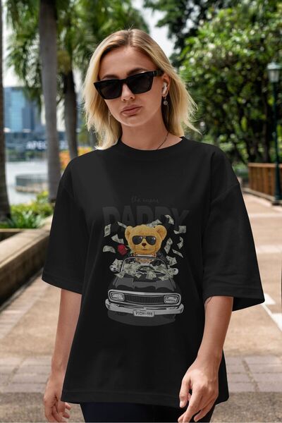Ankhises Teddy Bear Daddy Tricou Negru Oversize Imprimat Față Bărbați Femei Gât Crew