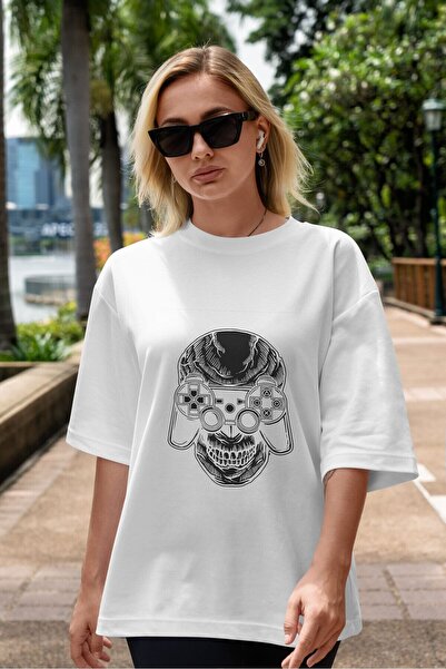Ankhises Skull Gamers White Oversize kroj T-shirt - Unisex Muškarci Žene okru...