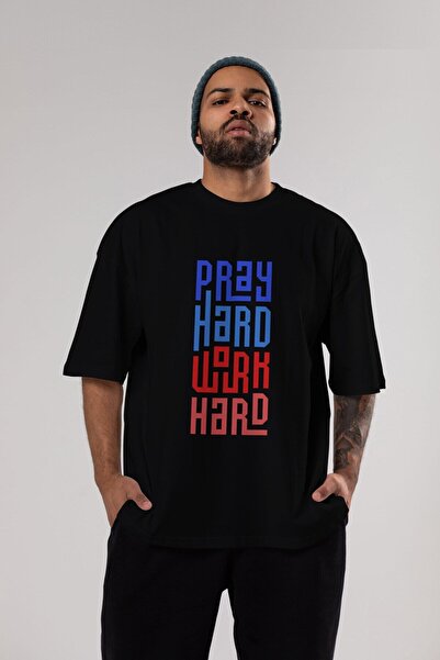 Ankhises Pray Hard Work Hard Tricou negru cu imprimeu supradimensionat, unise...