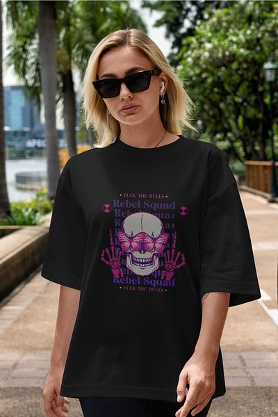 Ankhises Tricou oversize negru cu imprimeu Rebel Squad - Gât crew pentru bărbați/femei
