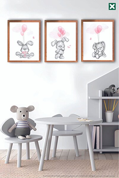 TABLOX Set de pictură modern din MDF cu aspect de cadru din 3 piese, cu iepuraș drăguț cu baloane zburătoare – Decor pentru cameră pentru bebeluși și copii