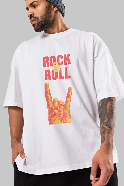 Ankhises Rock & Roll napisano na prednjoj strani Štampano bela Oversize kroj ...