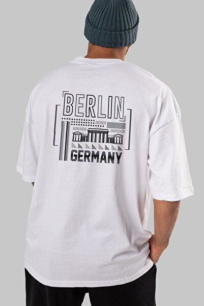 Ankhises Tricou alb oversize cu imprimeu pe spate Berlin, unisex, pentru bărbați, pentru femei, cu decolteu