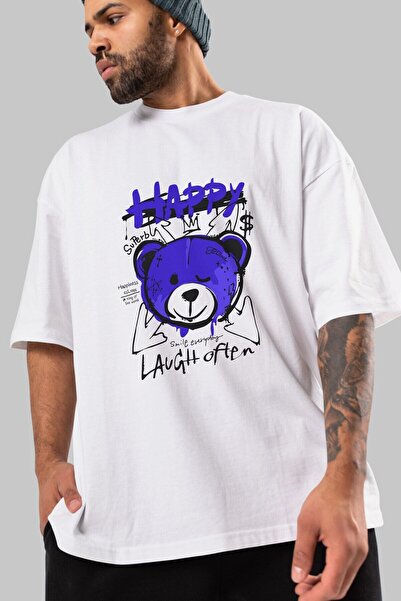 Ankhises Happy Bear Front Štampano Bela Oversize kroj T-shirt Unisex Muškarci...