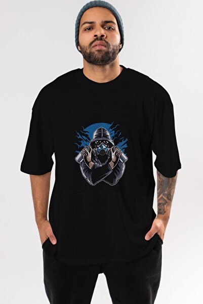 Ankhises Tricou supradimensionat negru cu graffiti cu masca de gaz cu imprime...