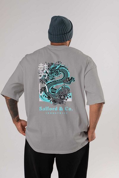 Ankhises Tricou supradimensionat gri cu imprimeu cu spatele dragon, unisex, bărbați, femei, cu decolteu