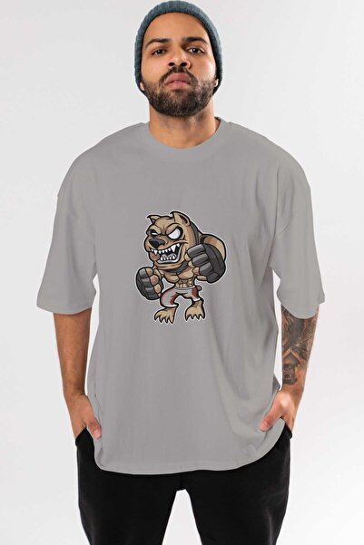 Ankhises Tricou oversize gri cu imprimeu în față pentru câine MMA, unisex, pentru bărbați, cu gât crepus pentru femei