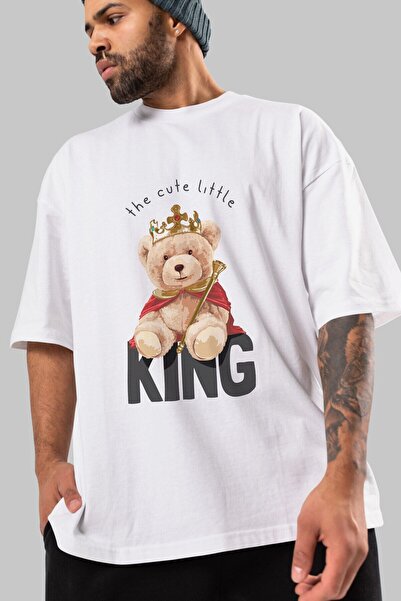 Ankhises تي شيرت تيدي بير كينج أبيض كبير الحجم مطبوع من الأمام للرجال والنساء...