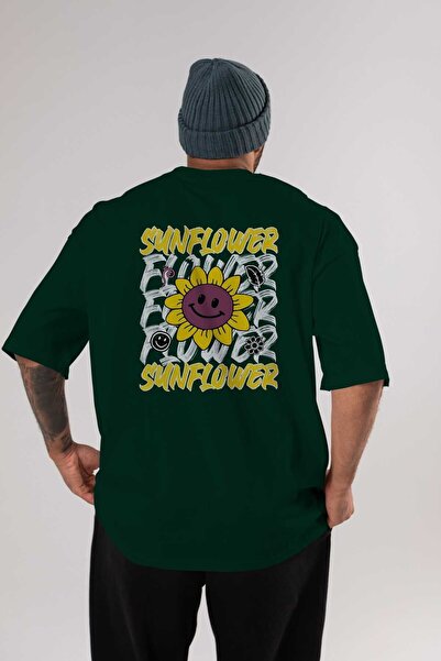 Ankhises Suncokret Leđa Štampano Smaragdno Zelena Oversize kroj T-shirt Muška...