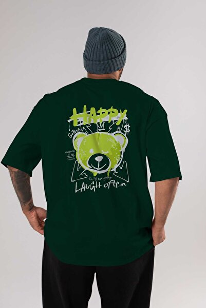 Ankhises Srećni Medved Leđa Štampano Smaragdno Zelena Oversize kroj T-shirt U...