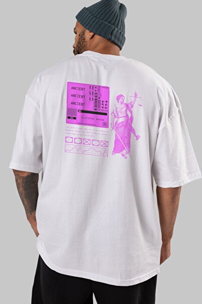 Ankhises Muškarci Žene okrugla kragna Beli Oversize kroj T-shirt - Nazad Štam...