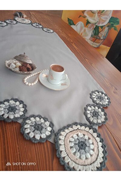 GUHEF Light Gray Lace Tasseled Linen Runner Tablecloth - 40x100 Cm