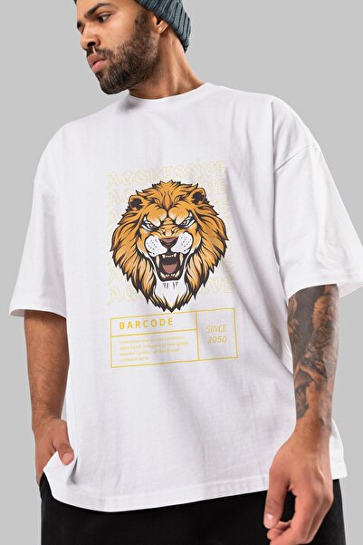 Ankhises Agresivni lav prednji Štampano beli Oversize kroj T-shirt muškarci ž...