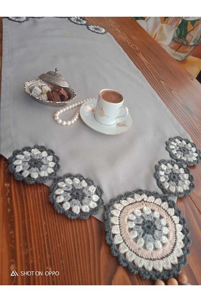 GUHEF Light Gray Lace Tasseled Linen Runner Tablecloth - 40x100 Cm