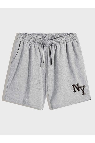 Boi Ny Minimal Detail Printed Loose Cut Loose Combed Shorts - Black and Gray High Waist Pocket Unisex Shorts