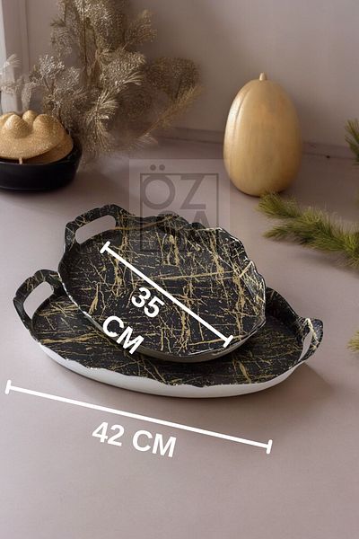 ÖzSa Home Marble Patterned Gold Black Melamine Tray - 2-Piece Handled Tableware and Kitchen Tea Coffee Tray