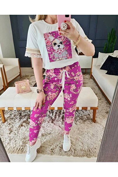 CLASSY.MODA Pijamale de damă din două piese cu dantelă și detalii cu diamante