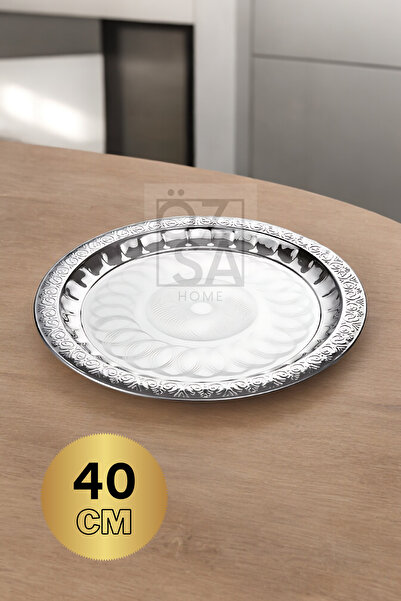 ÖzSa Home 3'lü Paslanmaz Çelik Desenli Yuvarlak Çay Tepsi Kahve Servis Sunum Tepsi 36-40-44 cm