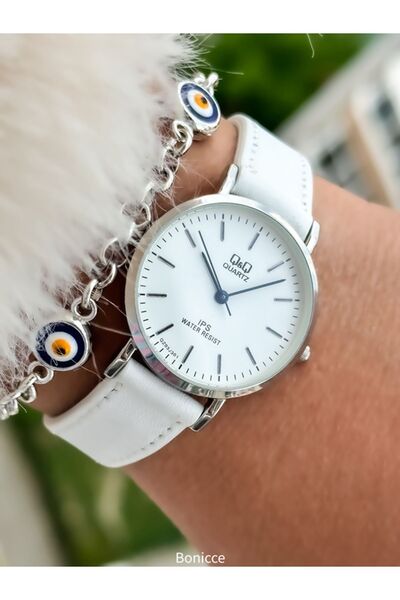 Q&Q Retro Brand White Leather Cord and Silver Case - Polite Women's Wristwatch Bracelet