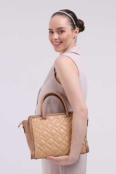 Morpelikan Women's Quilted Embroidered Crossbody Shoulder Strap Nude Color Hand Shoulder Bag