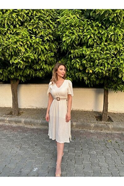 Rabia Çelik Kadın Nude Hasır Kemerli Midi Elbise
