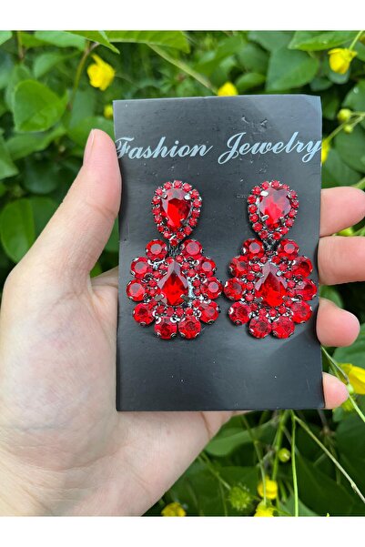 ANZE kırmızı kristal taşlı gelin küpesi