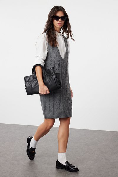 Trendyol Collection Anthracite Knitwear Gilet Dress - Hair Braided, TWOAW24EL00097