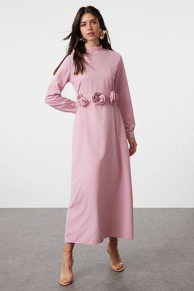 Trendyol Modest Satin Woven - Rochie de trandafir uscat si cu curea TCTSS24EB00177