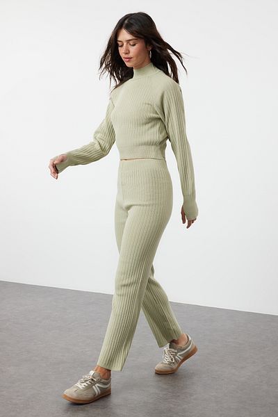 Trendyol Collection Mint Color Crop Corded Knitwear Set - Finger Detailed, TWOAW24AU00014