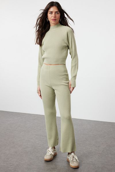 Trendyol Collection Mint Color Crop Corded Knitwear Set - Finger Detailed, TWOAW24AU00014