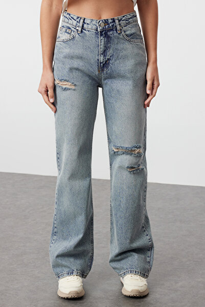 Trendyol Collection Blue Ripped High Waist Wide Leg Jeans Twoss24Je00198