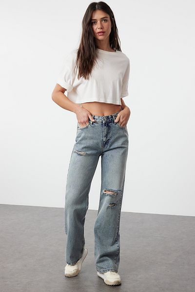 Trendyol Collection Blugi albaștri cu talie înaltă cu picioare late TWOSS24JE00198