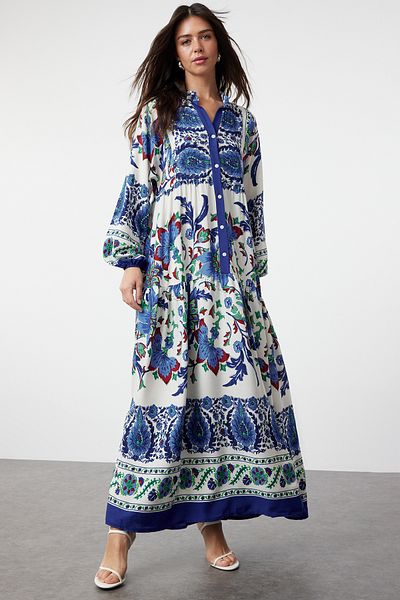 Trendyol Modest فستان منسوج من الفيسكوز باللون الأزرق TCTSS24EB00221