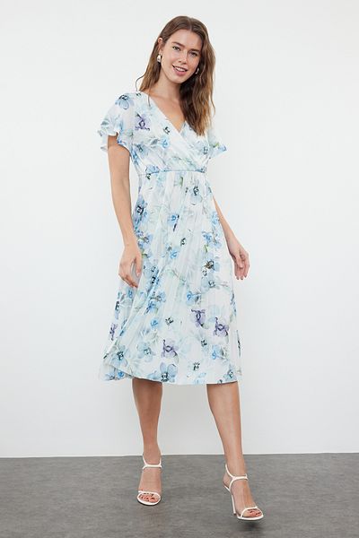 Trendyol Collection Flexible Corded Skater - Εκρού Floral, Διπλό Μαντήλι Μανίκι TWOSS24EL00482