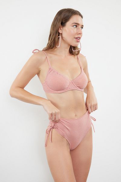 Trendyol Collection High Waist Glitter Pink Hipster Bikini - Balconet Tie-Up TBESS24BT00136