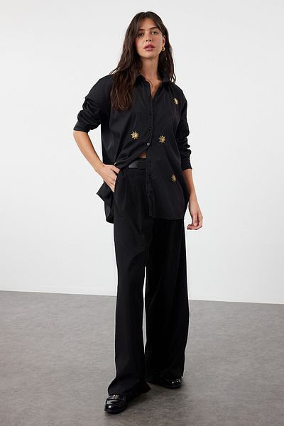 Trendyol Collection Cămașă Neagră Țesută Brodat Soare - TWOSS24GO00128