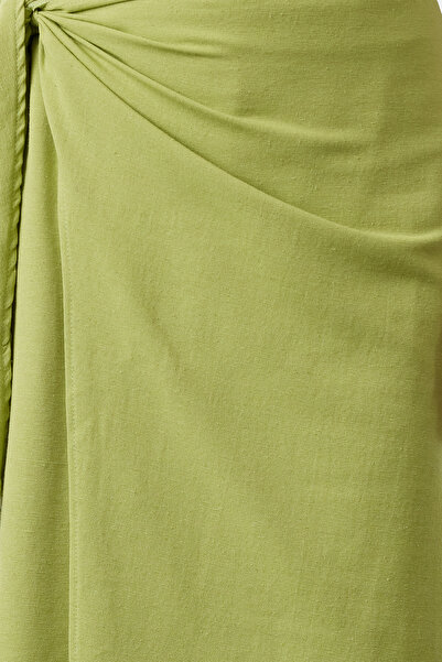 Trendyol Modest Olajzöld lenvászon szőtt szoknya - duplasoros és nyakkendő részletes TCTSS24EE00002